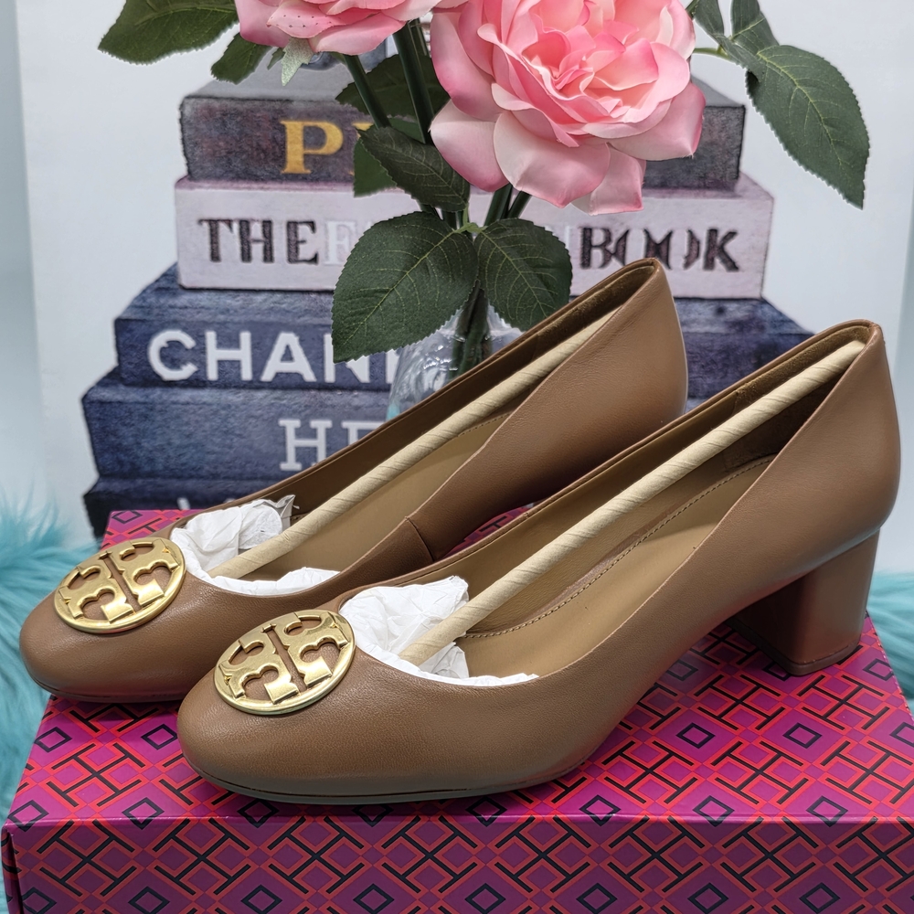Tory Burch Tan Leather Heels with Gold Emblem